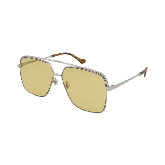 نظارات شمسية غوتشي GG1099SA 004 بتصميم آسيوي - إطار معدني فضي / عدسات نايلون صفراء بنية - 61 مم