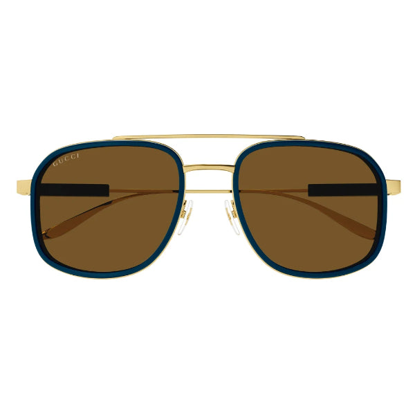 نظارات شمسية غوتشي GG1310S 003 بتصميم طيار - إطار معدني ذهبي مع جسر علوي بلاستيكي أزرق-بني / عدسات نايلون بنية - 56 مم