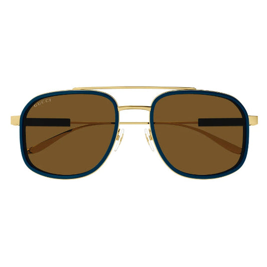 نظارات شمسية غوتشي GG1310S 003 بتصميم طيار - إطار معدني ذهبي مع جسر علوي بلاستيكي أزرق-بني / عدسات نايلون بنية - 56 مم