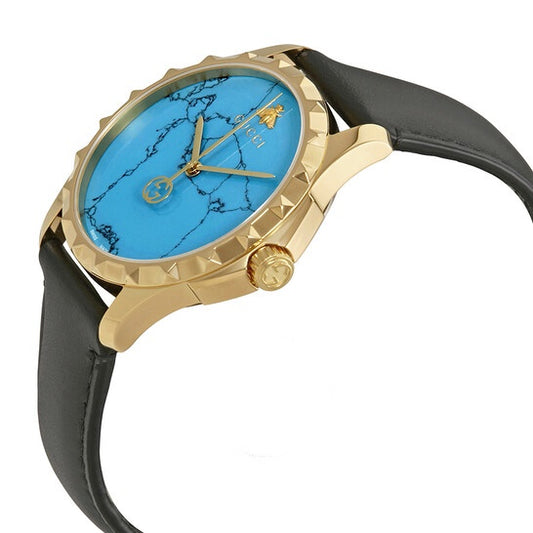 Gucci Men’s Swiss Made Quartz Black Leather Strap Turquoise Blue Dial 38mm Watch YA126462