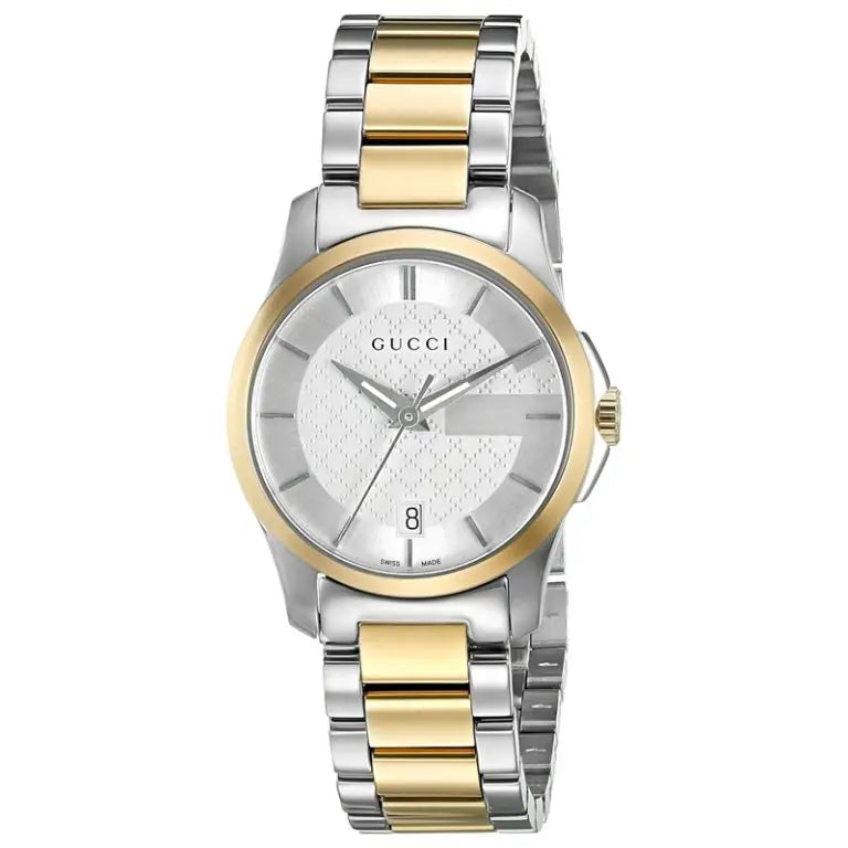 Gucci Women’s Swiss Made Quartz Two Tone Stainless Steel Silver Dial 27mm Watch YA126531