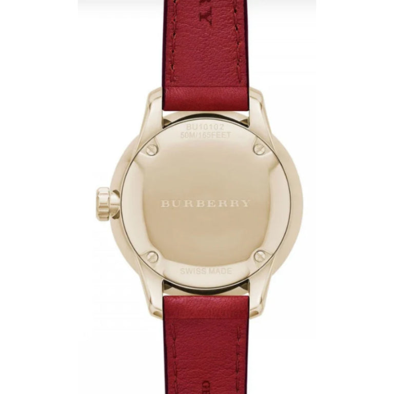 Burberry Women’s Swiss Made Quartz Red Leather Strap Gold Dial 32mm Watch BU10102