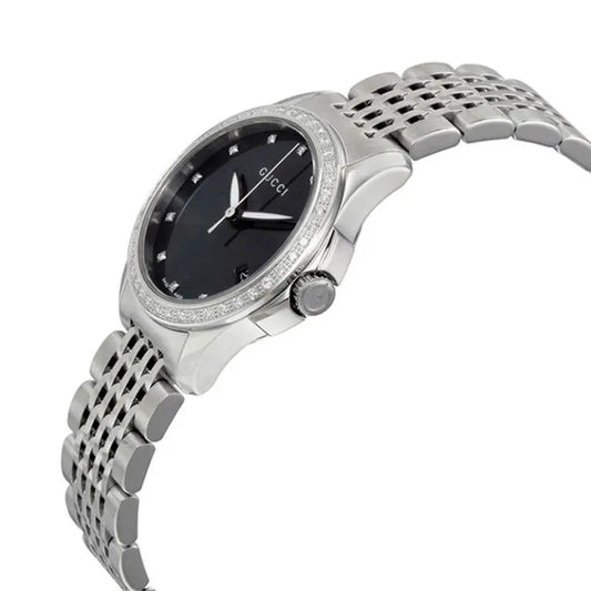 Gucci Women’s Swiss Made Quartz Silver Stainless Steel Black Mother Of Pearl Dial 27mm Watch YA126509