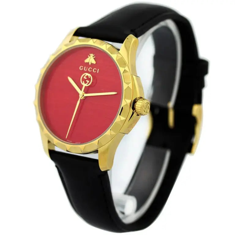 Gucci Women’s Quartz Swiss Made Black Leather Red Dial 38mm Watch YA126464