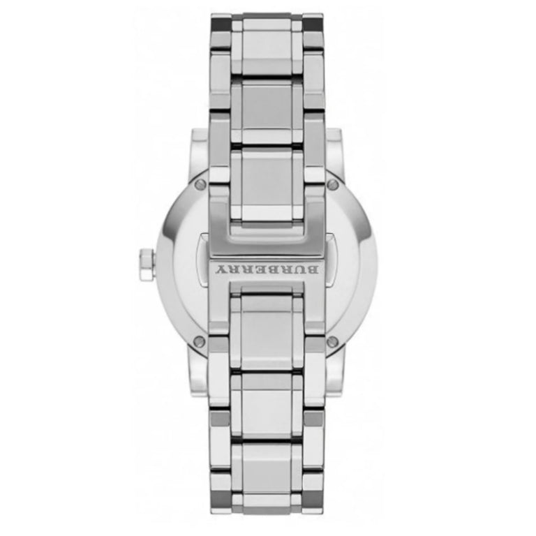 Burberry Women’s Swiss Made Quartz Silver Stainless Steel Grey Check Stamped Dial 34mm Watch BU9143