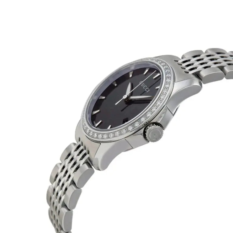 Gucci Women’s Swiss Made Quartz Silver Stainless Steel Black Mother of Pearl Dial 27mm Watch YA126507