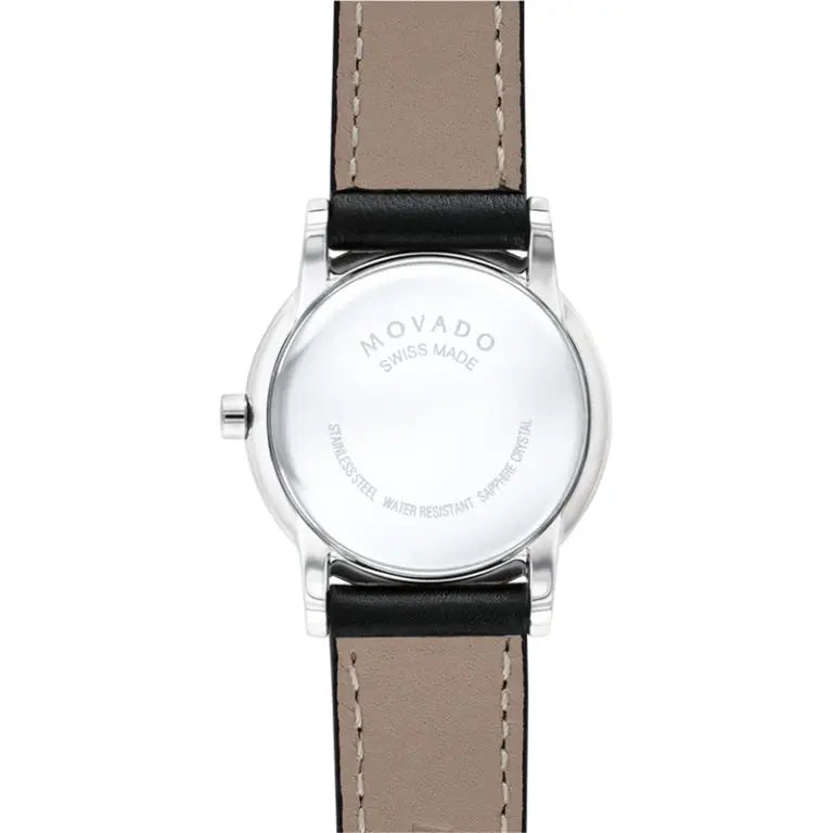 Movado Women’s Swiss Made Quartz Black Leather Strap Black Dial 28mm Watch 0607274