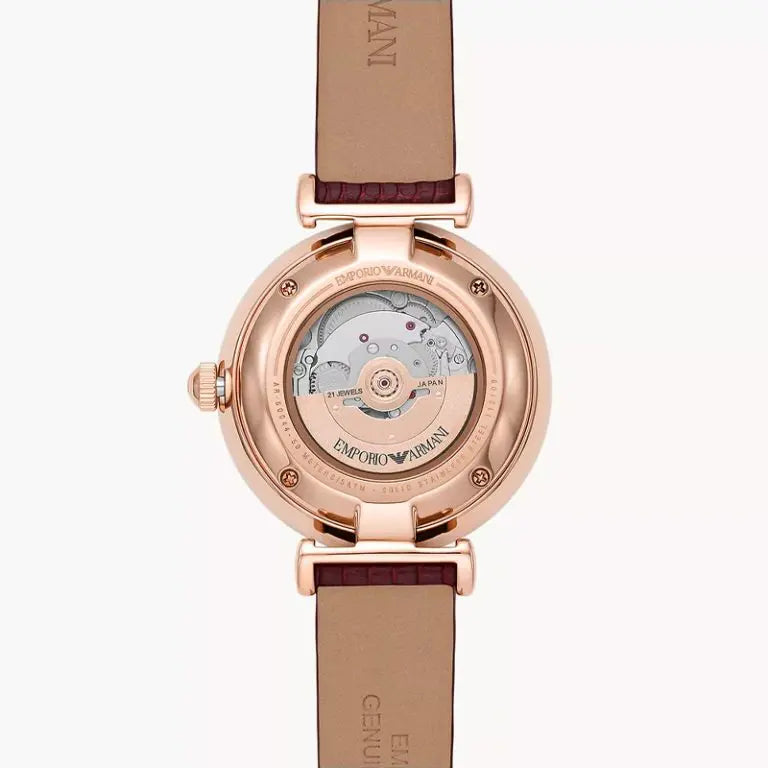 Emporio Armani Women’s Automatic Burgundy Leather Strap Silver Dial 34mm Watch AR60044
