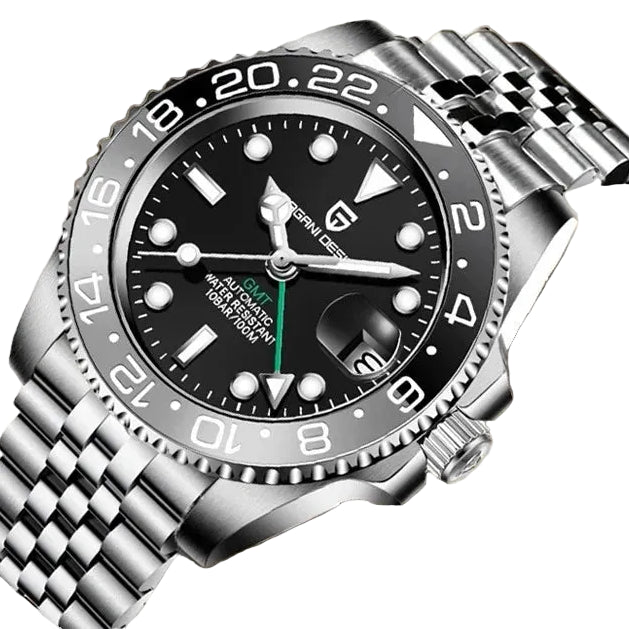 Pagani Design Stainless Steel Black Dial Automatic GMT Watch for Gents - PD-1662TB