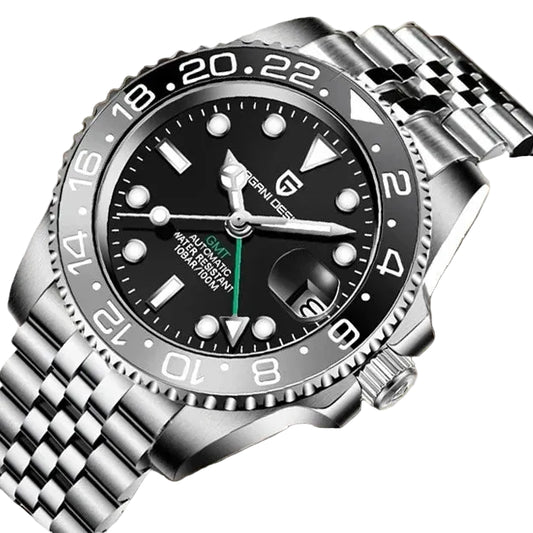 Pagani Design Stainless Steel Black Dial Automatic GMT Watch for Gents - PD-1662TB
