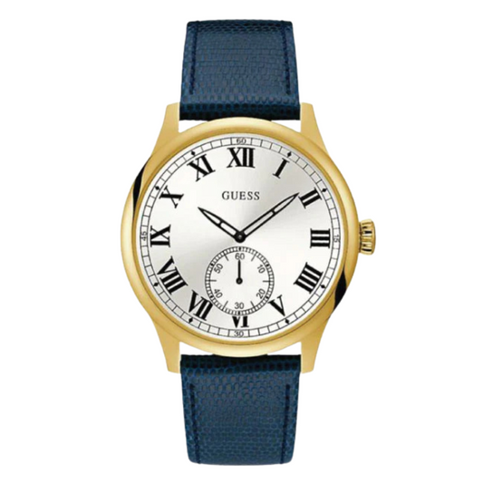 ساعة Guess Cambridge الرجالية، بسوار جلدي أزرق ومينا فضي، تعمل بنظام كوارتز - W1075G2