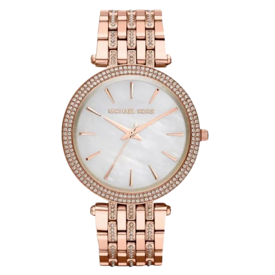 ساعة مايكل كورس دارسي النسائية، مصنوعة من الفولاذ المقاوم للصدأ بلون الذهب الوردي، بمينا من عرق اللؤلؤ، تعمل بنظام الكوارتز - MK-3220