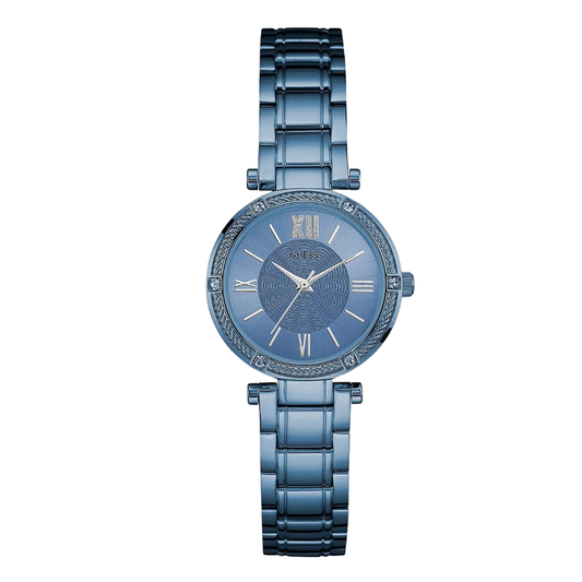 ساعة Guess Park Ave Blue المصنوعة من الفولاذ المقاوم للصدأ، ذات مينا أزرق، تعمل بنظام الكوارتز، للنساء - W0767L4