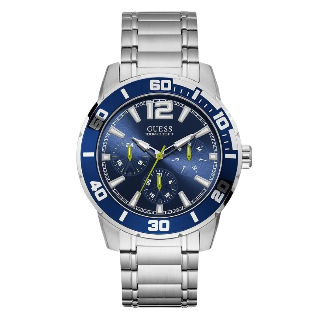 ساعة Guess Trek فضية اللون من الفولاذ المقاوم للصدأ، مينا أزرق، كوارتز للرجال - W1249G2