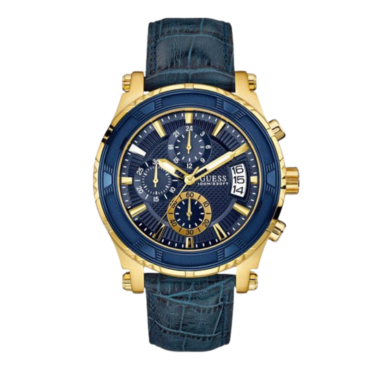ساعة Guess Pinnacle كرونوغراف كوارتز للرجال، بسوار جلدي أزرق ومينا أزرق - W0673G2