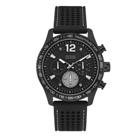 ساعة Guess Fleet كرونوغراف كوارتز للرجال، بسوار سيليكون أسود ومينا أسود - W0971G1