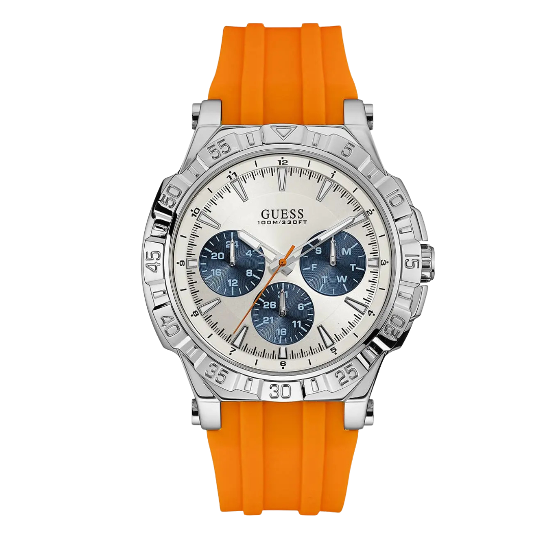 ساعة Guess Turbo برتقالية اللون بسوار سيليكون ومينا فضي، كرونوغراف كوارتز للرجال - W0966G1