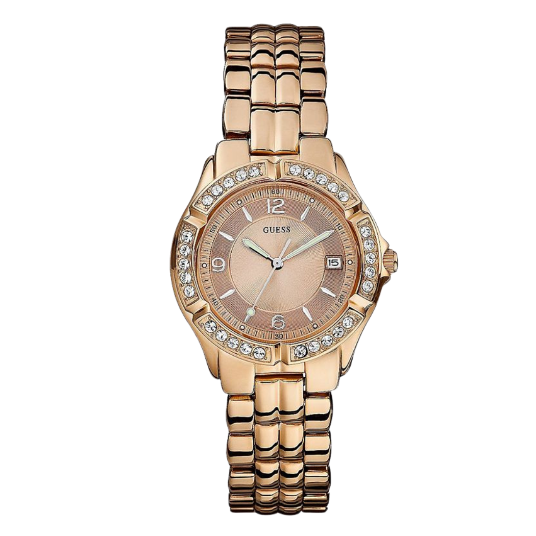 ساعة Guess Stoned Bubble Rose Gold المصنوعة من الفولاذ المقاوم للصدأ، بمينا ذهبي وردي، تعمل بحركة كوارتز، للنساء - U11069L1