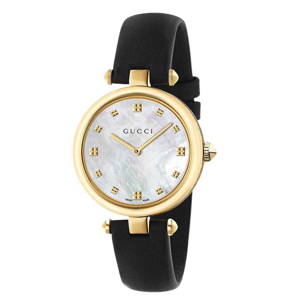 Gucci Diamantissima Black Leather Mother of Pearl Dial Quartz Watch for Ladies- GUCCI YA141404