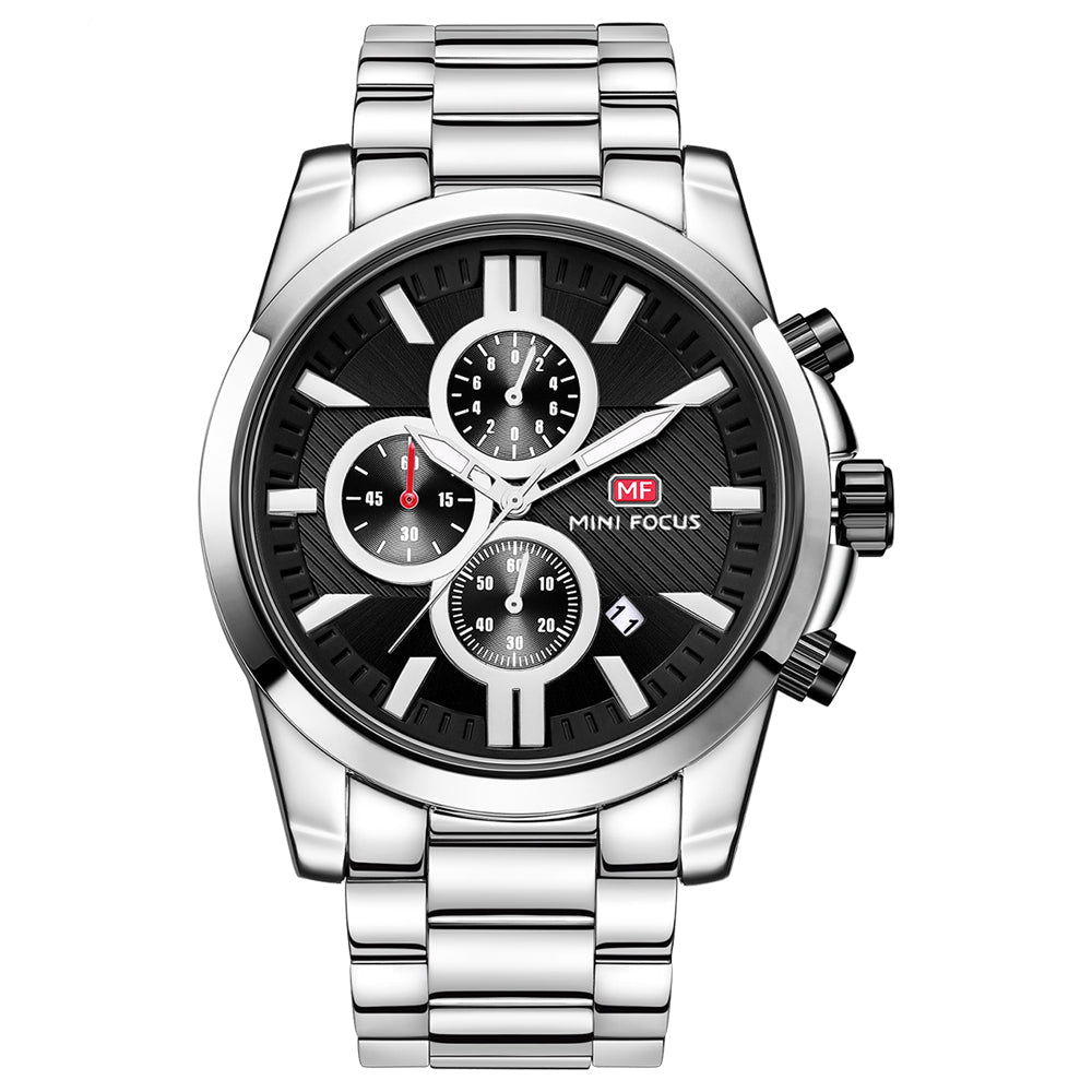 Mini Focus Silver Stainless Steel Black Dial Chronograph Quartz Watch for Gents - MF0134G-03