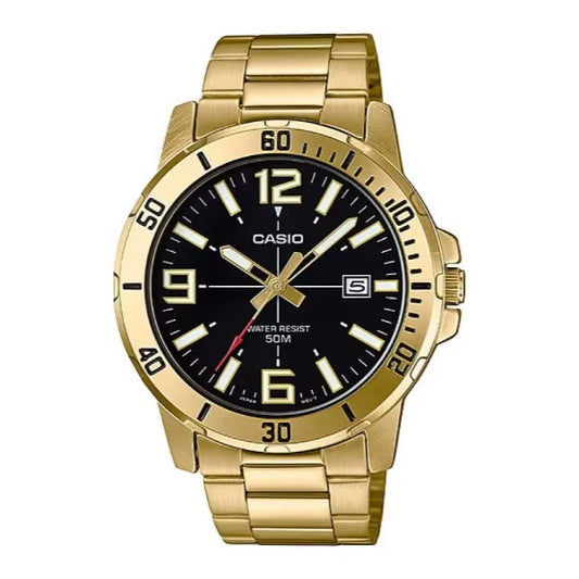 ساعة كاسيو ذهبية اللون من الفولاذ المقاوم للصدأ، مينا أسود، كوارتز، للرجال - Casio MTP-VD01G-1BVUDF