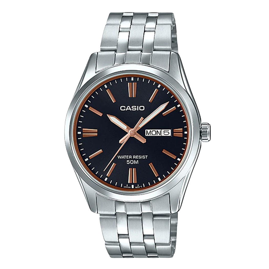 ساعة كاسيو كوارتز فضية اللون من الفولاذ المقاوم للصدأ بمينا أسود للرجال - Casio MTP-1335D-1A2VDF(AG)