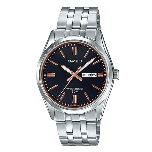 ساعة كاسيو كوارتز فضية اللون من الفولاذ المقاوم للصدأ بمينا أسود للرجال - Casio MTP-1335D-1A2VDF(AG)