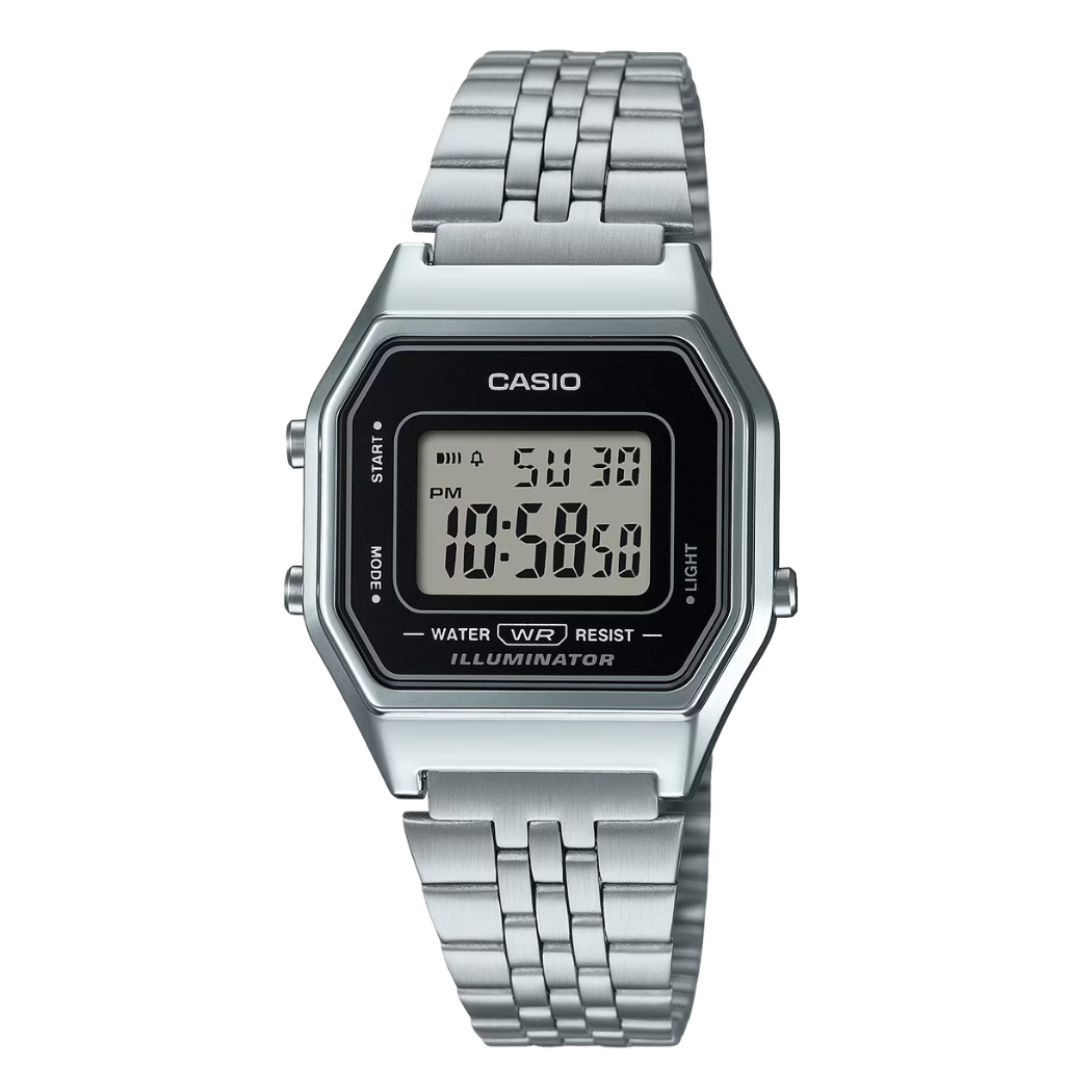 ساعة كاسيو كوارتز فضية اللون من الفولاذ المقاوم للصدأ بمينا أسود للنساء - Casio LA-680WA-1DF(AG)