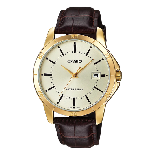 ساعة كاسيو رجالية كوارتز بسوار جلدي بني ومينا ذهبي - Casio MTP-V004GL-9AUDF AG