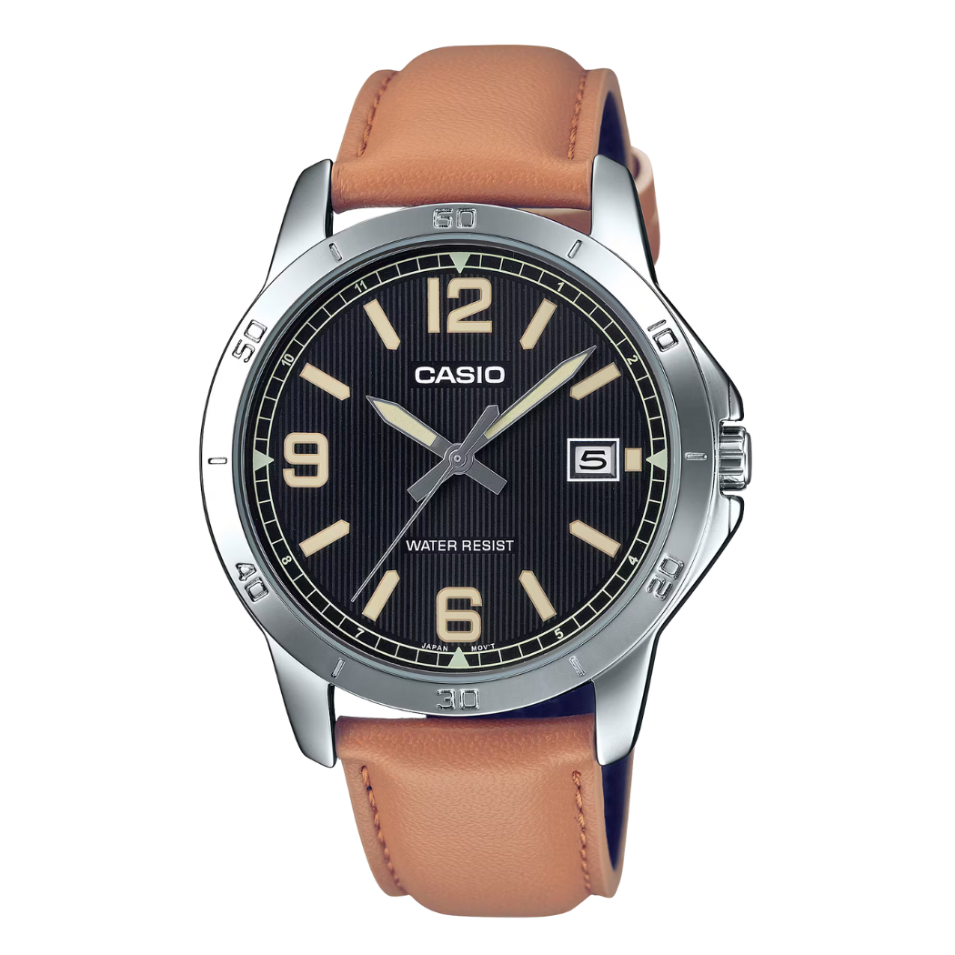 ساعة كاسيو رجالية كوارتز بسوار جلدي بني ومينا أسود - Casio MTP-V004L-1B2UDF AG