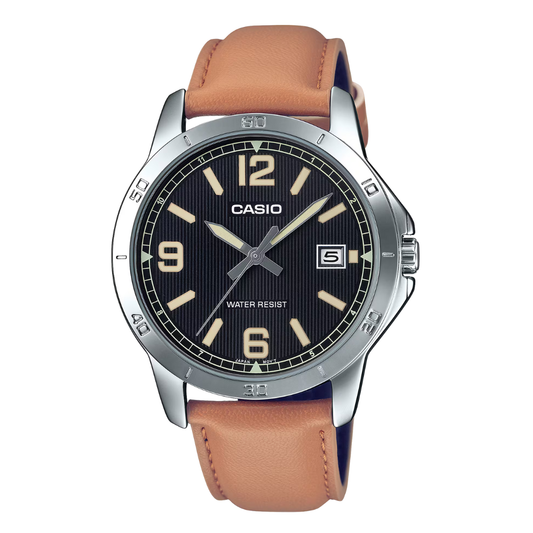ساعة كاسيو رجالية كوارتز بسوار جلدي بني ومينا أسود - Casio MTP-V004L-1B2UDF AG