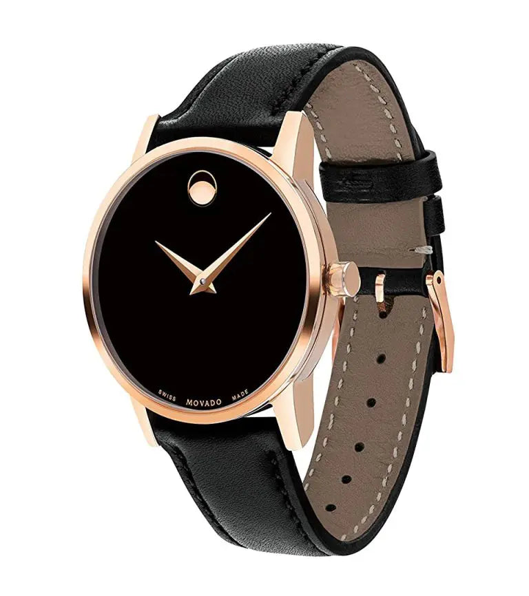 Movado Women’s Swiss Made Quartz Leather Strap Black Dial 28mm Watch 0607276