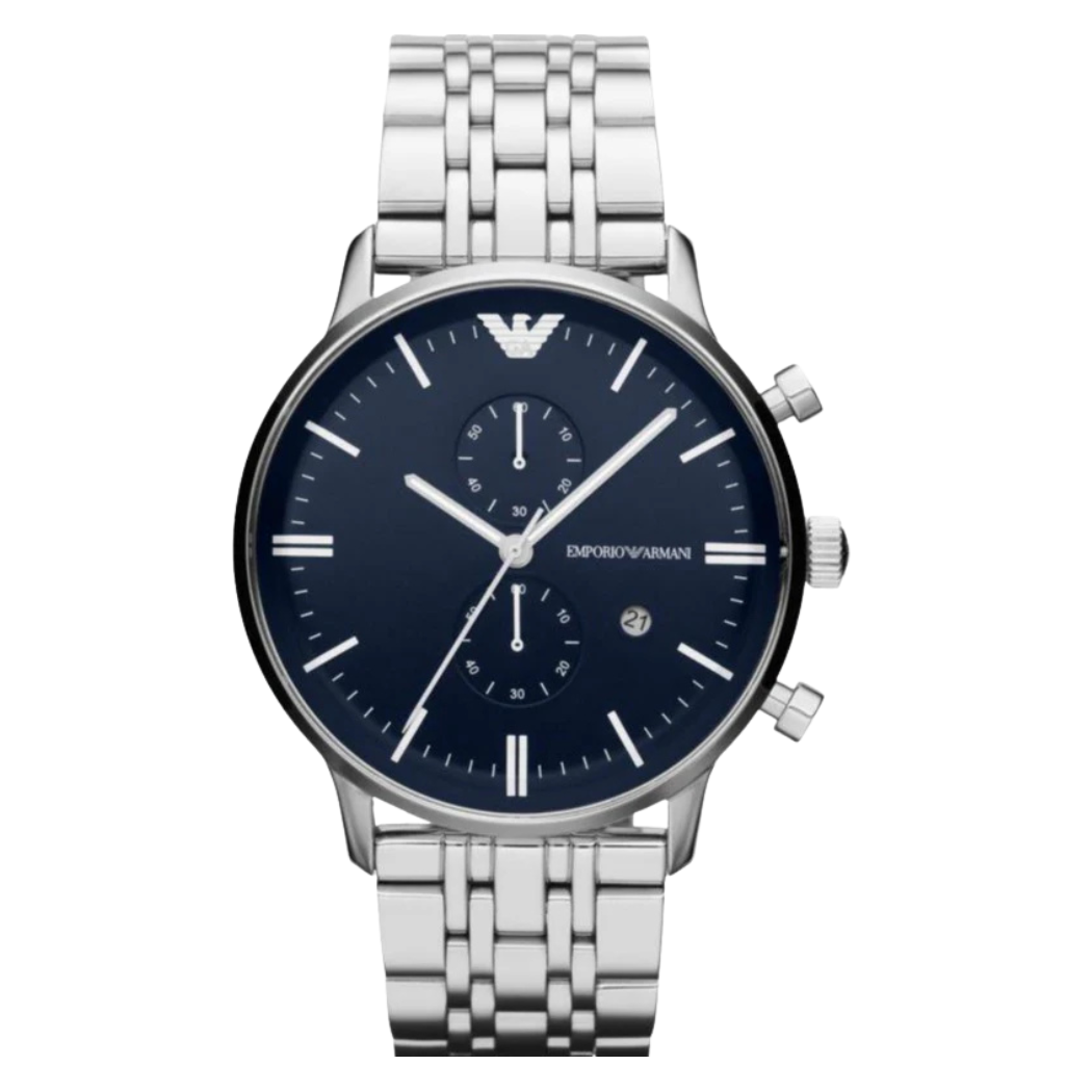 EMPORIO ARMANI Silver Stainless Steel Blue Dial Chronograph Quartz Watch for Gents - AR80013