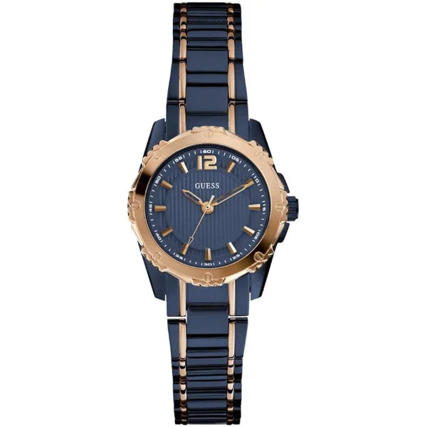 ساعة Guess زرقاء اللون، مصنوعة من الفولاذ المقاوم للصدأ، تعمل بحركة كوارتز، للنساء - W0234L4