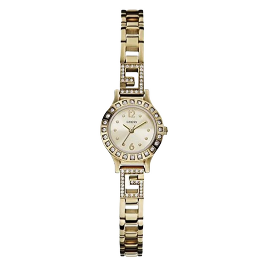 ساعة Guess Gold المصنوعة من الفولاذ المقاوم للصدأ، ذات مينا ذهبي، تعمل بنظام الكوارتز، للنساء - W0411L2