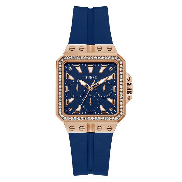 ساعة Guess Libra النسائية، سوار سيليكون أزرق، مينا أزرق، كوارتز - GW0618L2