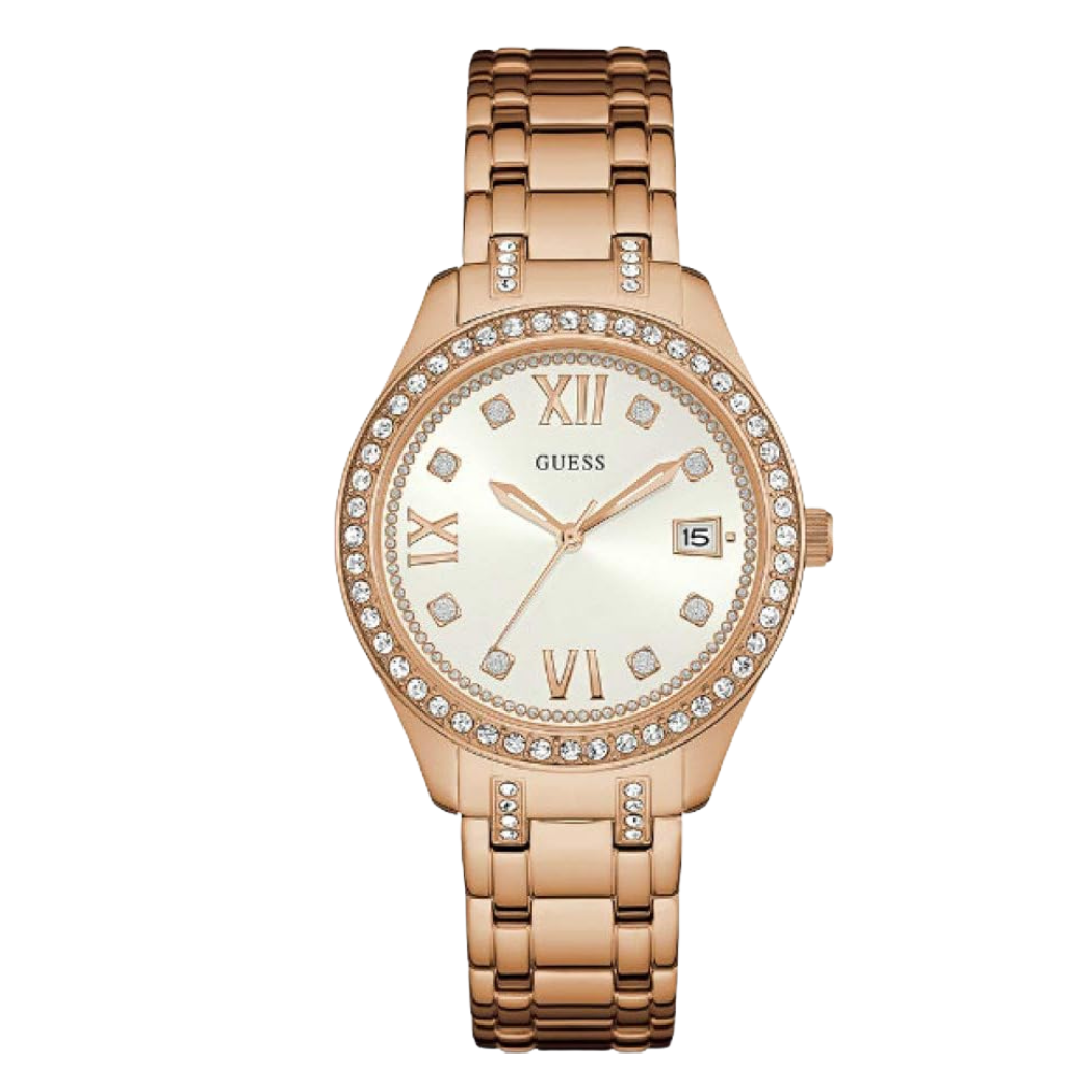 ساعة Guess ذهبية اللون من الفولاذ المقاوم للصدأ، مينا أبيض، كوارتز، للنساء - W0848L3
