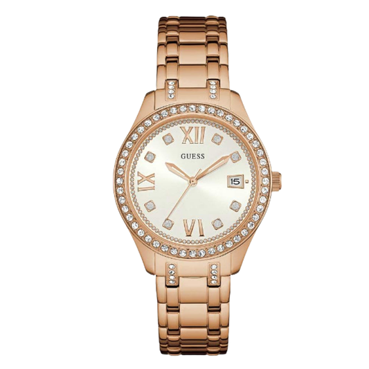 ساعة Guess ذهبية اللون من الفولاذ المقاوم للصدأ، مينا أبيض، كوارتز، للنساء - W0848L3
