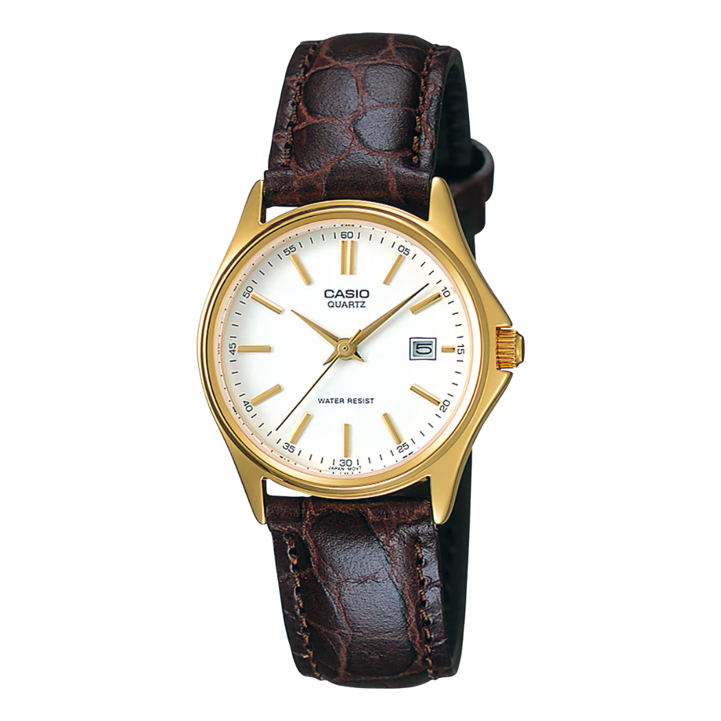ساعة كاسيو النسائية ذات سوار جلدي بني ومينا أبيض وحركة كوارتز - CASIO LTP-1183Q-7ADF