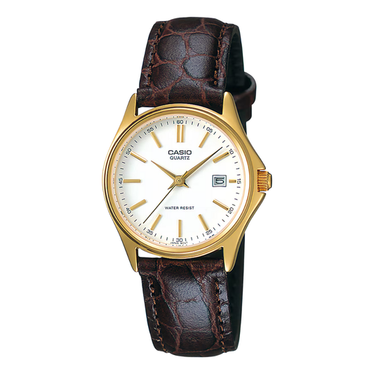 ساعة كاسيو النسائية ذات سوار جلدي بني ومينا أبيض وحركة كوارتز - CASIO LTP-1183Q-7ADF
