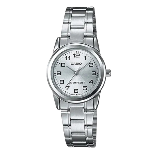 ساعة كاسيو فضية اللون من الفولاذ المقاوم للصدأ، مينا فضي، كوارتز، للنساء - CASIO LTP-V001D-7BUDF