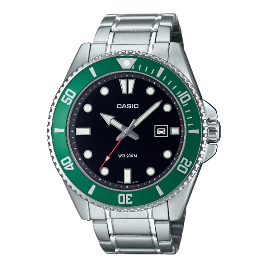 ساعة كاسيو كوارتز فضية اللون من الفولاذ المقاوم للصدأ، مينا أسود، للرجال - MDV-107D-3AVDF