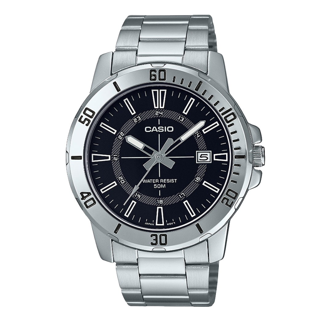 ساعة كاسيو كوارتز فضية اللون من الفولاذ المقاوم للصدأ، مينا أسود، للرجال - CASIO MTP-VD01D-1CVUDF