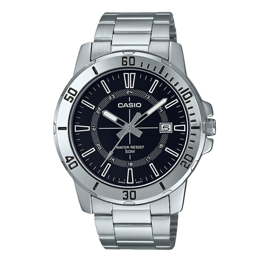 ساعة كاسيو كوارتز فضية اللون من الفولاذ المقاوم للصدأ، مينا أسود، للرجال - CASIO MTP-VD01D-1CVUDF
