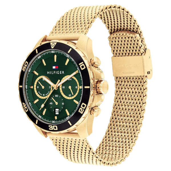 Tommy Hilfiger Jordan Gold Mesh Bracelet Green Dial Chronograph Quartz Watch for Gents - 1792093