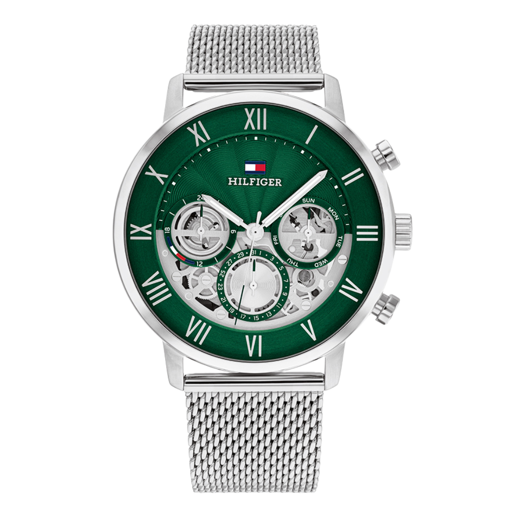 Tommy Hilfiger Silver Mesh Bracelet Green Dial Chronograph Quartz Watch for Gents - 1710567