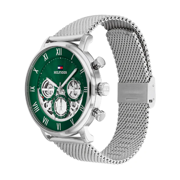 Tommy Hilfiger Silver Mesh Bracelet Green Dial Chronograph Quartz Watch for Gents - 1710567