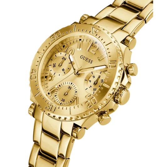 ساعة Guess Cosmic Gold النسائية، مصنوعة من الفولاذ المقاوم للصدأ، بمينا ذهبي، كرونوغراف كوارتز - GW0465L1