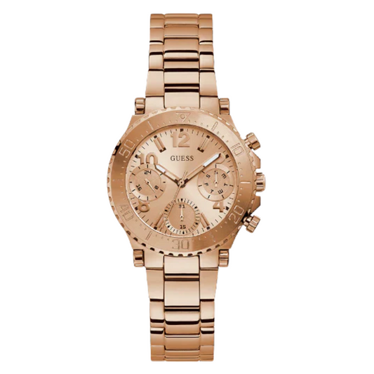 ساعة Guess Cosmic Rose Gold المصنوعة من الفولاذ المقاوم للصدأ، ذات مينا ذهبي وردي، كرونوغراف كوارتز، للنساء - GW0465L2