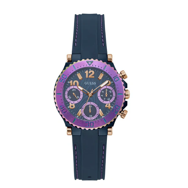 ساعة Guess Cosmic Blue ذات سوار سيليكون ومينا أزرق وساعة كرونوغراف كوارتز نسائية - GW0466L2